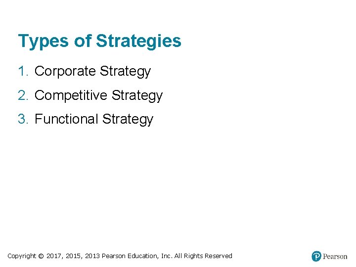 Types of Strategies 1. Corporate Strategy 2. Competitive Strategy 3. Functional Strategy Copyright ©
