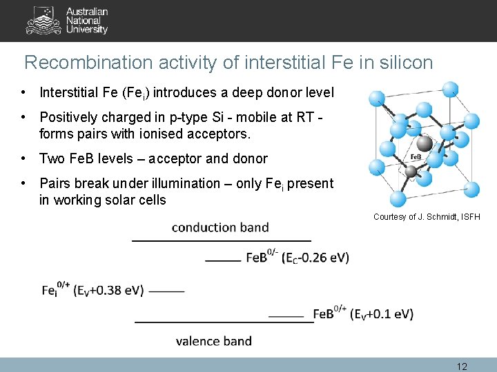 Recombination activity of interstitial Fe in silicon • Interstitial Fe (Fei) introduces a deep