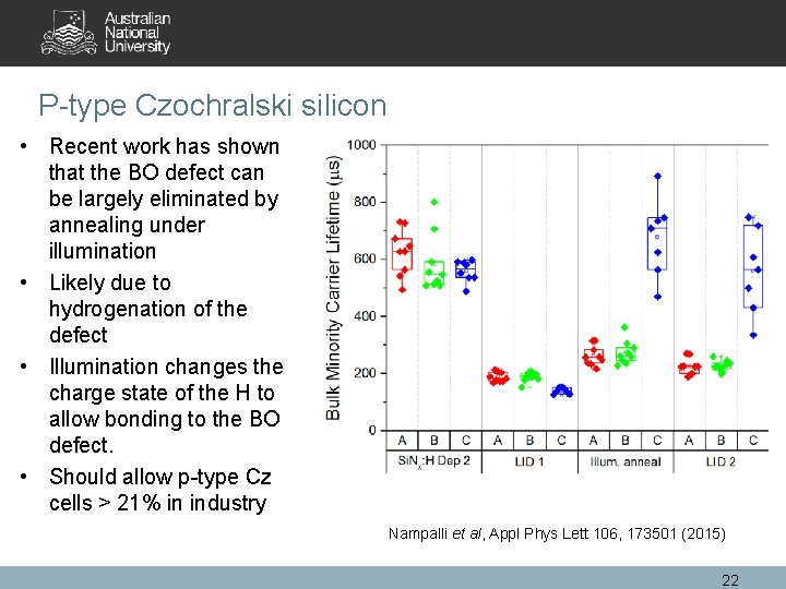 P-type Czochralski silicon • Recent work has shown that the BO defect can be