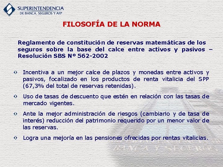FILOSOFÍA DE LA NORMA Reglamento de constitución de reservas matemáticas de los seguros sobre