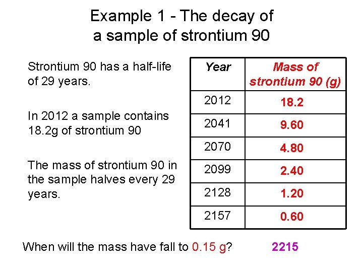 Example 1 - The decay of a sample of strontium 90 Strontium 90 has