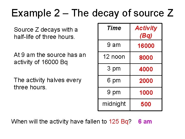 Example 2 – The decay of source Z Source Z decays with a half-life