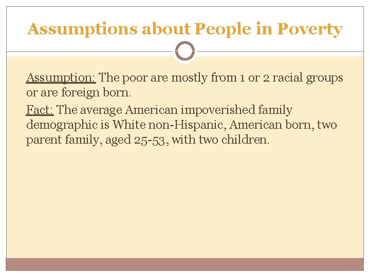 Assumptions about People in Poverty Assumption: The poor are mostly from 1 or 2