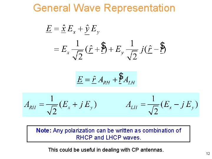 General Wave Representation Note: Any polarization can be written as combination of RHCP and