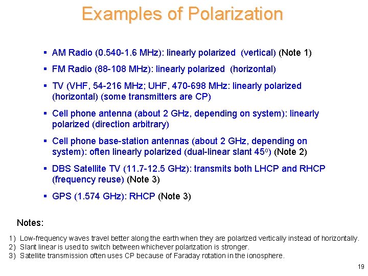 Examples of Polarization § AM Radio (0. 540 -1. 6 MHz): linearly polarized (vertical)