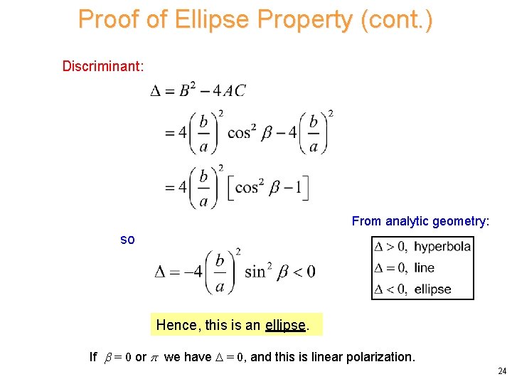 Proof of Ellipse Property (cont. ) Discriminant: From analytic geometry: so Hence, this is