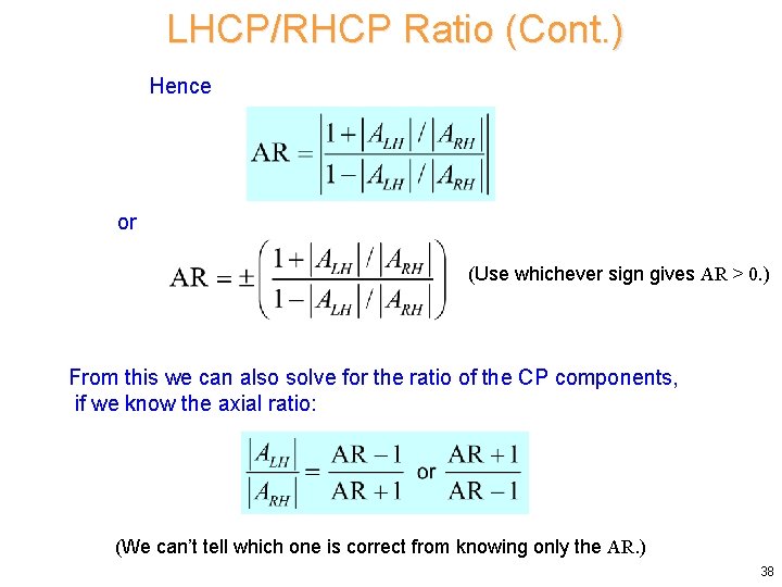 LHCP/RHCP Ratio (Cont. ) Hence or (Use whichever sign gives AR > 0. )