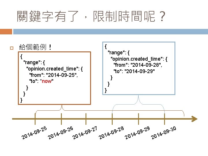 關鍵字有了，限制時間呢？ 給個範例！ { "range": { "opinion. created_time": { "from": "2014 -09 -28", "to": "2014