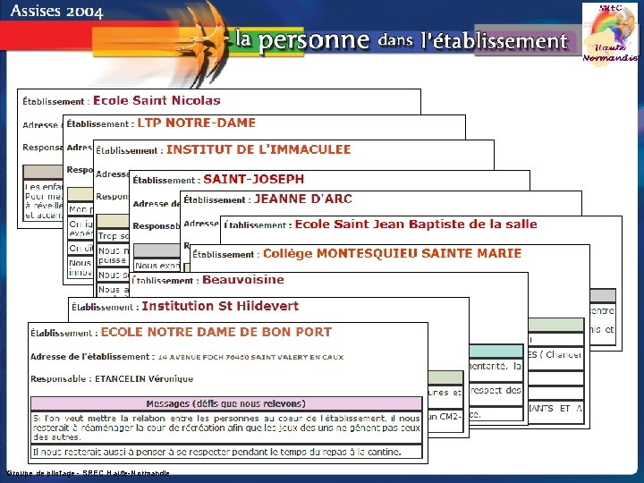 Les messages des établissements de Haute-Normandie 148 messages Groupe de pilotage - SREC Haute-Normandie