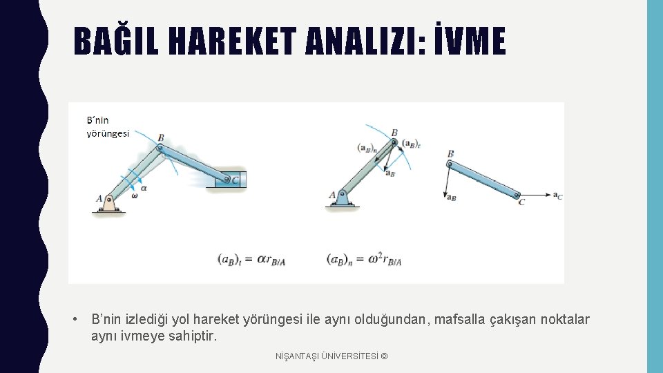 BAĞIL HAREKET ANALIZI: İVME • B’nin izlediği yol hareket yörüngesi ile aynı olduğundan, mafsalla