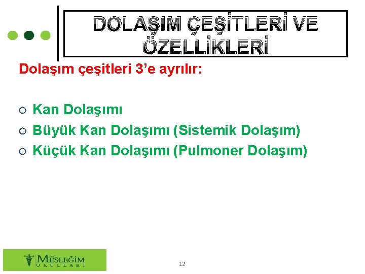 DOLAŞIM ÇEŞİTLERİ VE ÖZELLİKLERİ Dolaşım çeşitleri 3’e ayrılır: ○ Kan Dolaşımı ○ Büyük Kan