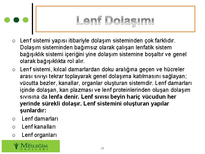 ○ Lenf sistemi yapısı itibariyle dolaşım sisteminden çok farklıdır. Dolaşım sisteminden bağımsız olarak çalışan