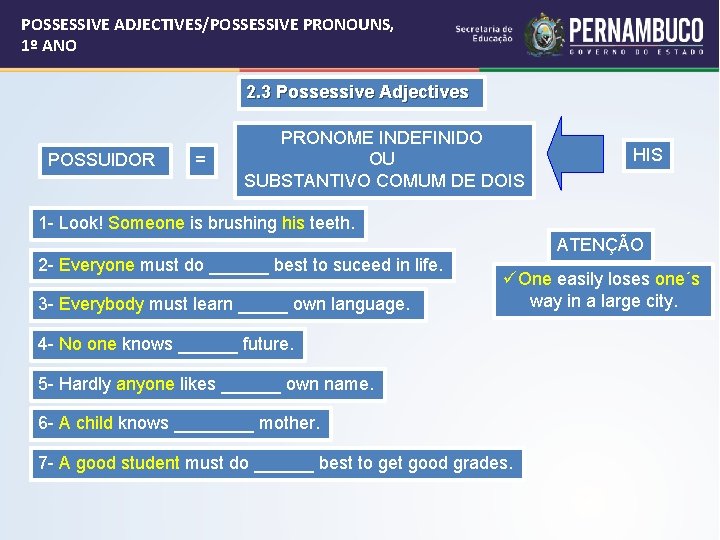 POSSESSIVE ADJECTIVES/POSSESSIVE PRONOUNS, 1º ANO 2. 3 Possessive Adjectives POSSUIDOR = PRONOME INDEFINIDO OU