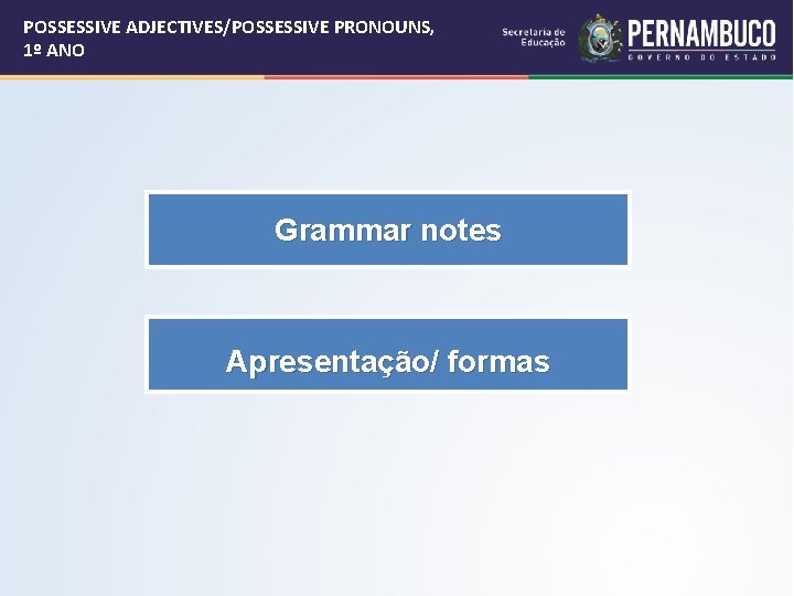 POSSESSIVE ADJECTIVES/POSSESSIVE PRONOUNS, 1º ANO Grammar notes Apresentação/ formas 