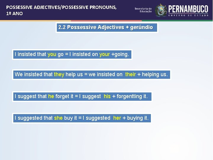 POSSESSIVE ADJECTIVES/POSSESSIVE PRONOUNS, 1º ANO 2. 2 Possessive Adjectives + gerúndio I insisted that