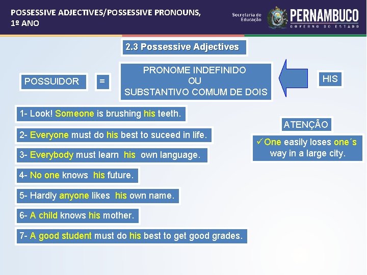 POSSESSIVE ADJECTIVES/POSSESSIVE PRONOUNS, 1º ANO 2. 3 Possessive Adjectives POSSUIDOR = PRONOME INDEFINIDO OU