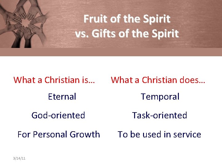 Fruit of the Spirit vs. Gifts of the Spirit What a Christian is… Eternal