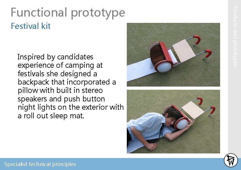 Festival kit Inspired by candidates experience of camping at festivals she designed a backpack