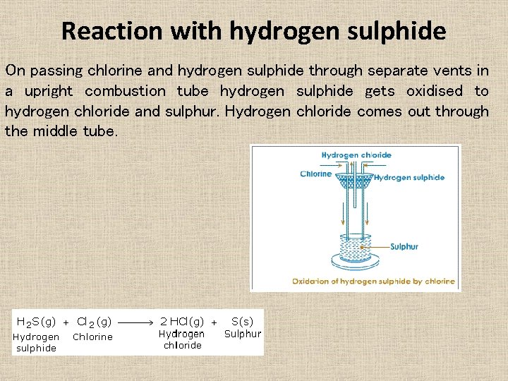 Reaction with hydrogen sulphide On passing chlorine and hydrogen sulphide through separate vents in Reaction with hydrogen sulphide On passing chlorine and hydrogen sulphide through separate vents in