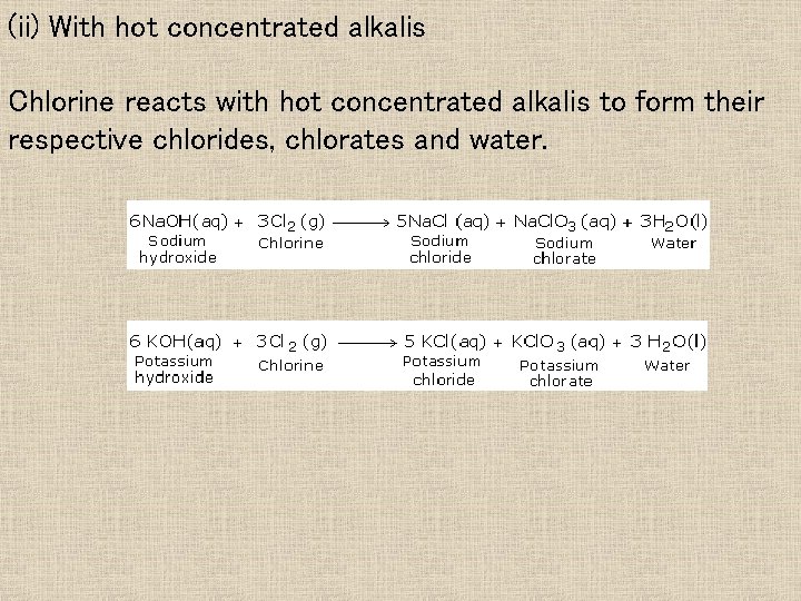 (ii) With hot concentrated alkalis Chlorine reacts with hot concentrated alkalis to form their (ii) With hot concentrated alkalis Chlorine reacts with hot concentrated alkalis to form their