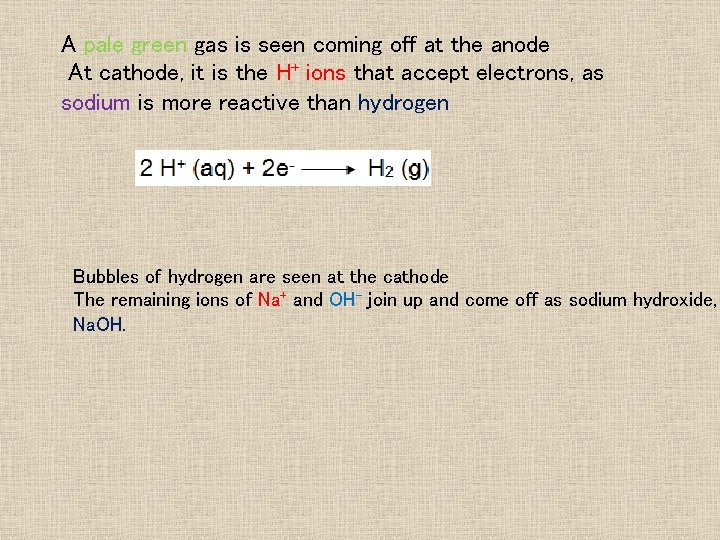 A pale green gas is seen coming off at the anode At cathode, it A pale green gas is seen coming off at the anode At cathode, it