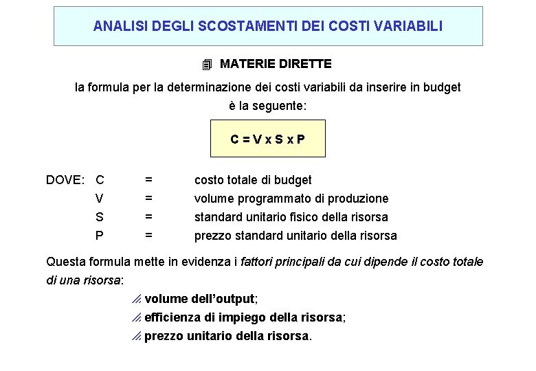 ANALISI DEGLI SCOSTAMENTI DEI COSTI VARIABILI 4 MATERIE DIRETTE la formula per la determinazione