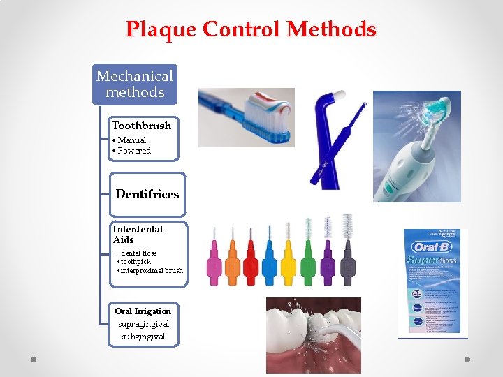 Plaque Control Methods Mechanical methods Toothbrush • Manual • Powered Dentifrices Interdental Aids • Plaque Control Methods Mechanical methods Toothbrush • Manual • Powered Dentifrices Interdental Aids •