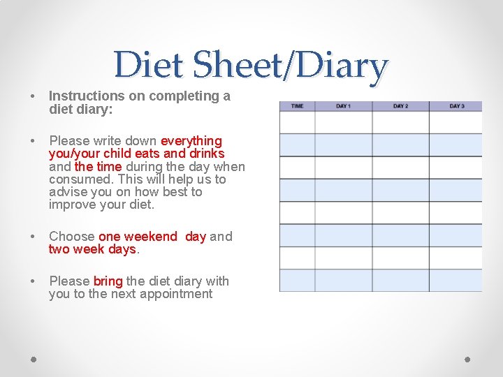 Diet Sheet/Diary • Instructions on completing a diet diary: • Please write down everything Diet Sheet/Diary • Instructions on completing a diet diary: • Please write down everything