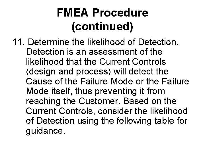 FMEA Procedure (continued) 11. Determine the likelihood of Detection is an assessment of the