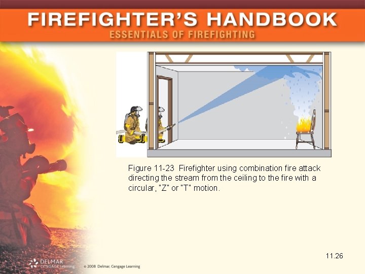 Figure 11 -23 Firefighter using combination fire attack directing the stream from the ceiling