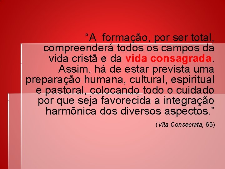 “A formação, por ser total, compreenderá todos os campos da vida cristã e da