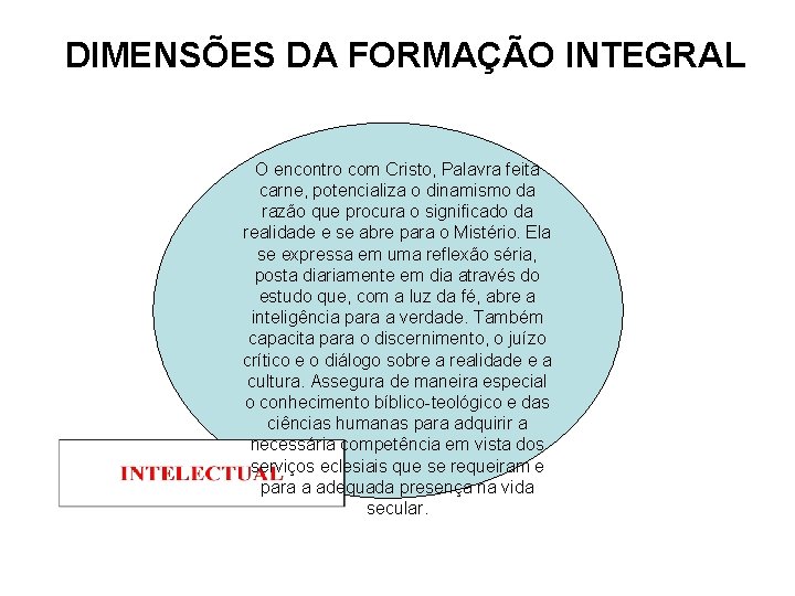 DIMENSÕES DA FORMAÇÃO INTEGRAL O encontro com Cristo, Palavra feita carne, potencializa o dinamismo