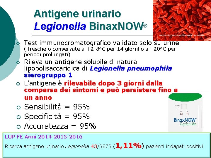 Antigene urinario Legionella Binax. NOW® ¡ Test immunocromatografico validato solo su urine ¡ Rileva