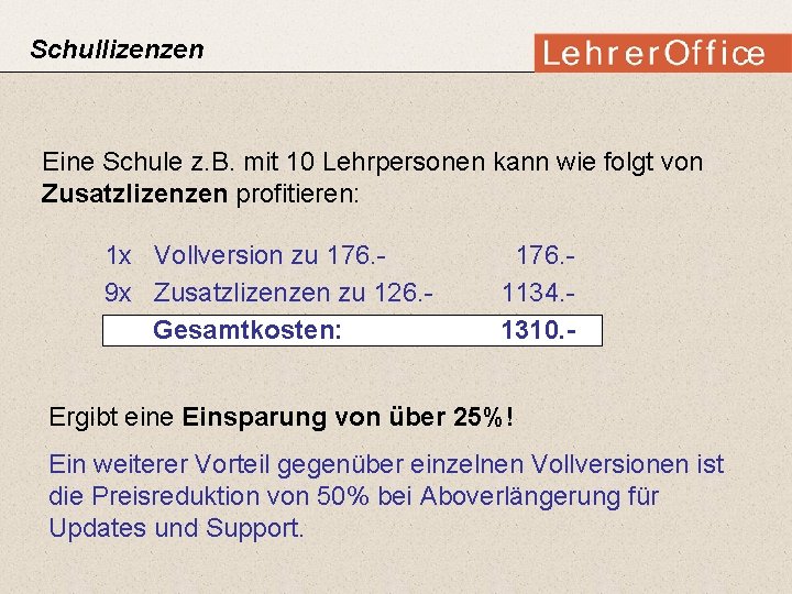 Schullizenzen Eine Schule z. B. mit 10 Lehrpersonen kann wie folgt von Zusatzlizenzen profitieren: