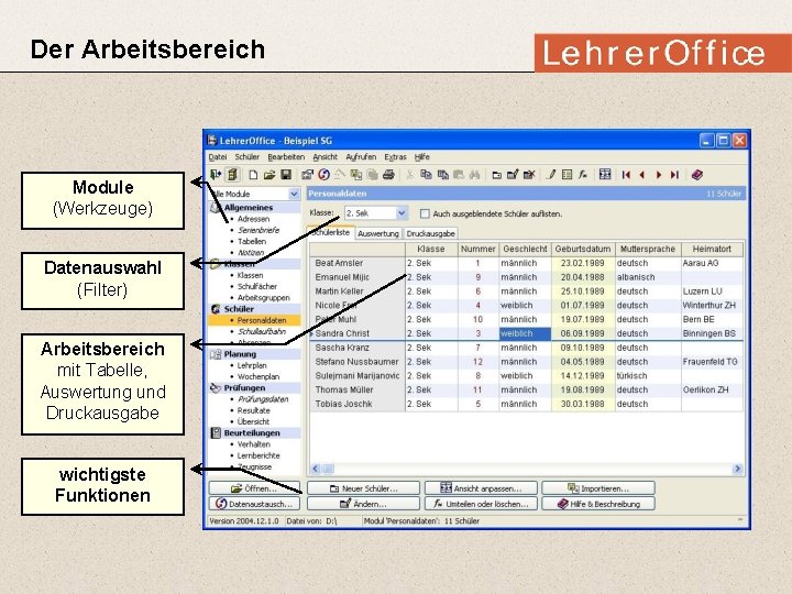 Der Arbeitsbereich Module (Werkzeuge) Datenauswahl (Filter) Arbeitsbereich mit Tabelle, Auswertung und Druckausgabe wichtigste Funktionen