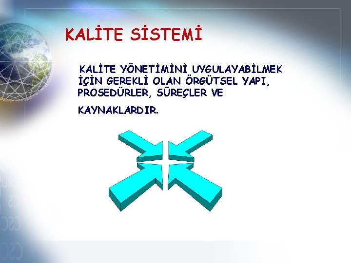 KALİTE SİSTEMİ KALİTE YÖNETİMİNİ UYGULAYABİLMEK İÇİN GEREKLİ OLAN ÖRGÜTSEL YAPI, PROSEDÜRLER, SÜREÇLER VE KAYNAKLARDIR