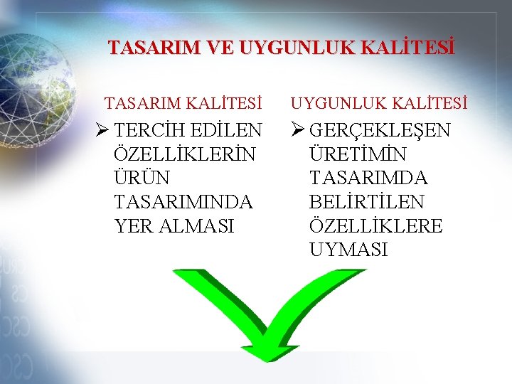 TASARIM VE UYGUNLUK KALİTESİ TASARIM KALİTESİ Ø TERCİH EDİLEN ÖZELLİKLERİN ÜRÜN TASARIMINDA YER ALMASI