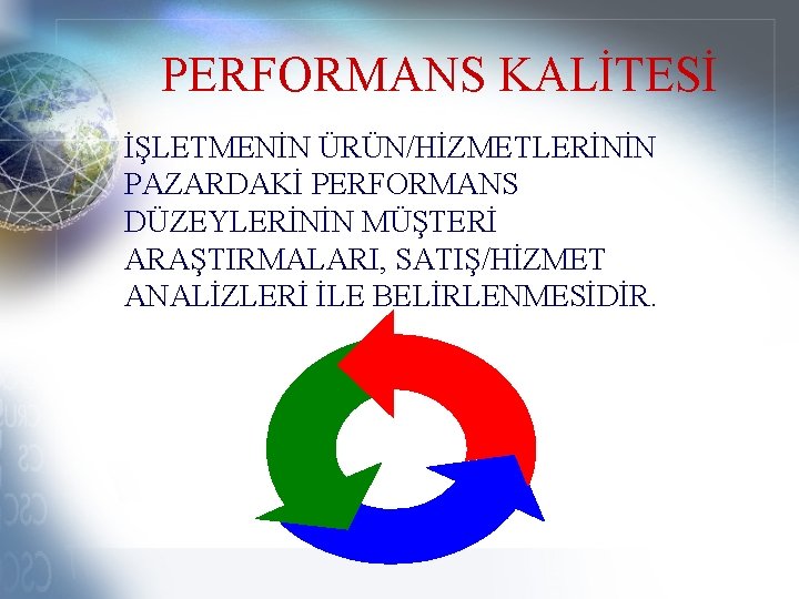 PERFORMANS KALİTESİ İŞLETMENİN ÜRÜN/HİZMETLERİNİN PAZARDAKİ PERFORMANS DÜZEYLERİNİN MÜŞTERİ ARAŞTIRMALARI, SATIŞ/HİZMET ANALİZLERİ İLE BELİRLENMESİDİR. 