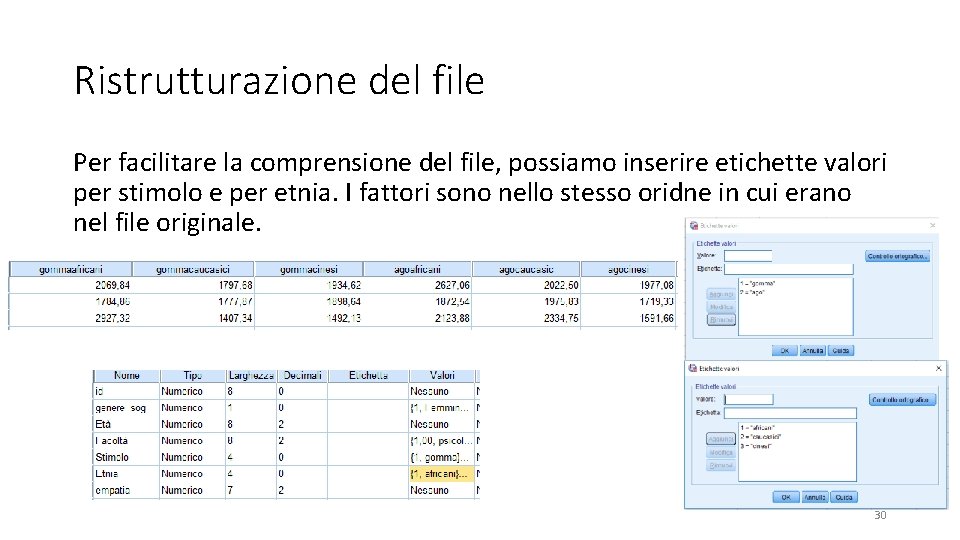 Ristrutturazione del file Per facilitare la comprensione del file, possiamo inserire etichette valori per