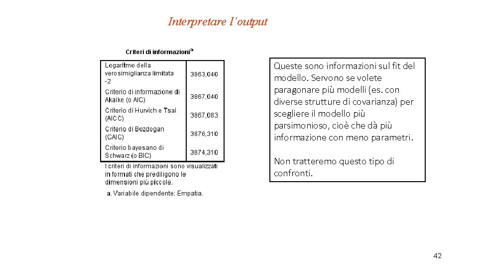 Interpretare l’output Queste sono informazioni sul fit del modello. Servono se volete paragonare più