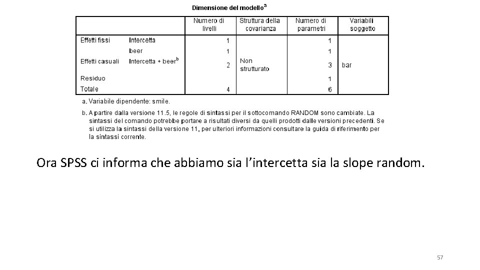 Ora SPSS ci informa che abbiamo sia l’intercetta sia la slope random. 57 