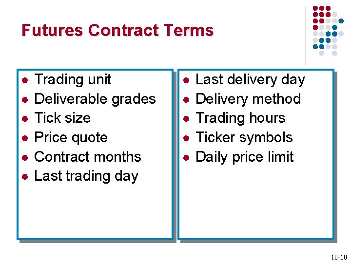 Futures Contract Terms l l l Trading unit Deliverable grades Tick size Price quote