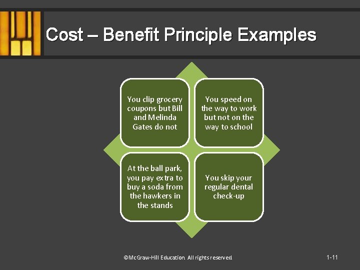 Cost – Benefit Principle Examples You clip grocery coupons but Bill and Melinda Gates