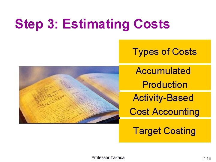 Step 3: Estimating Costs Types of Costs Accumulated Production Activity-Based Cost Accounting Target Costing