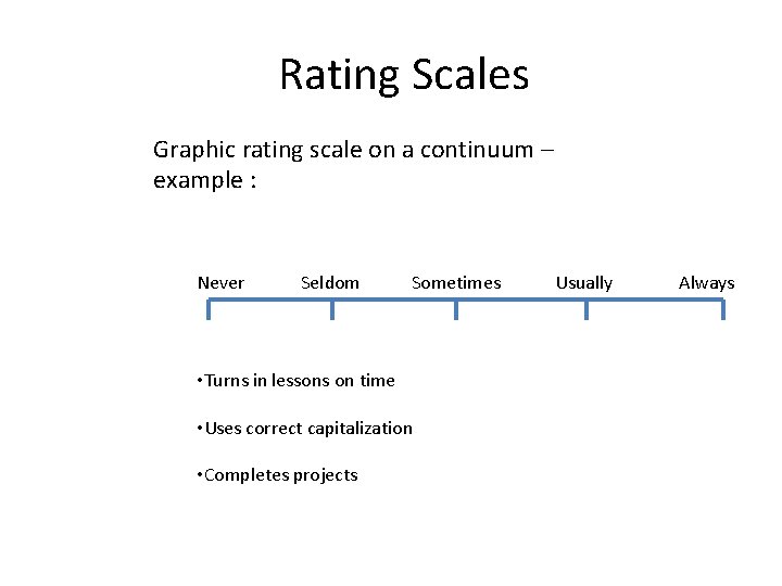 Rating Scales Graphic rating scale on a continuum – example : Never Seldom Sometimes