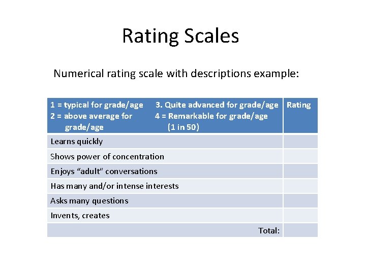 Rating Scales Numerical rating scale with descriptions example: 1 = typical for grade/age 2