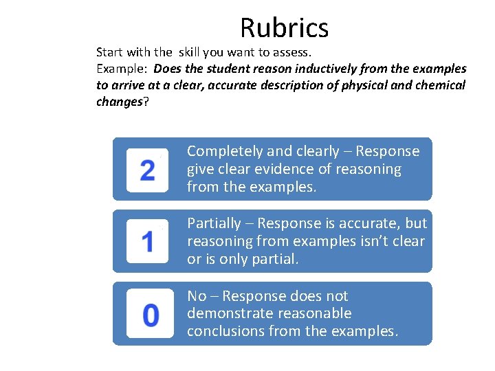 Rubrics Start with the skill you want to assess. Example: Does the student reason