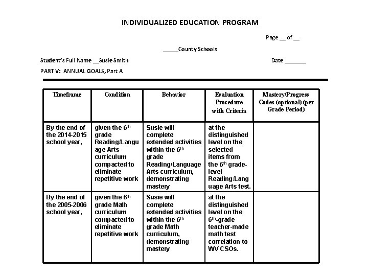 INDIVIDUALIZED EDUCATION PROGRAM Page __ of __ _____County Schools Student’s Full Name __Susie Smith