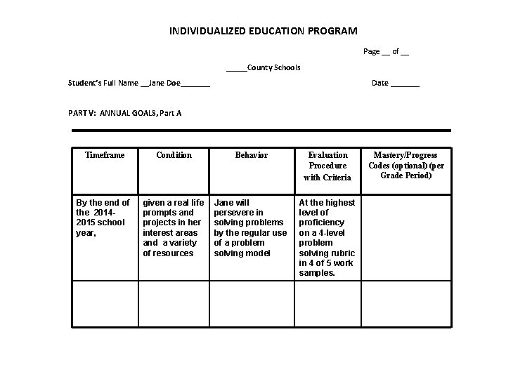 INDIVIDUALIZED EDUCATION PROGRAM Page __ of __ _____County Schools Student’s Full Name __Jane Doe_______