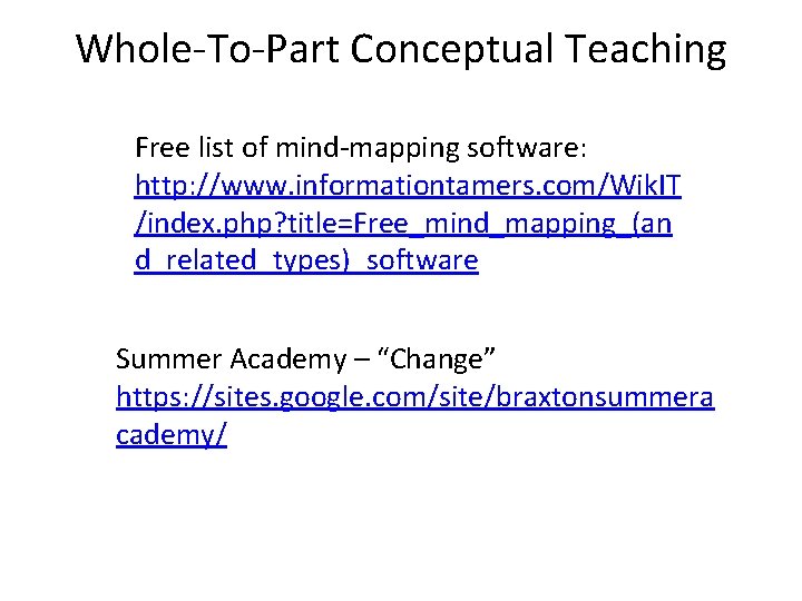 Whole-To-Part Conceptual Teaching Free list of mind-mapping software: http: //www. informationtamers. com/Wik. IT /index.